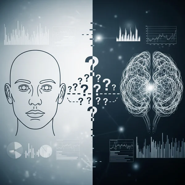Arte conceptual: forma del rostro, cerebro e investigación científica.