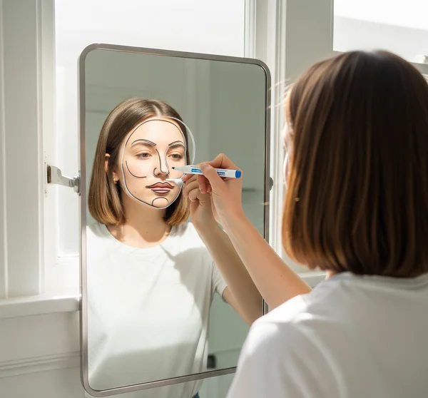 Person tracing face outline in a mirror for analysis.