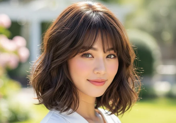 Mulher com rosto em formato de coração, long bob repicado