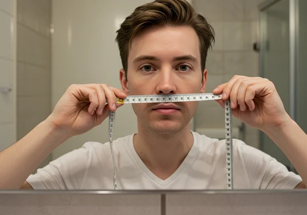 Person measuring face length with tape in mirror.