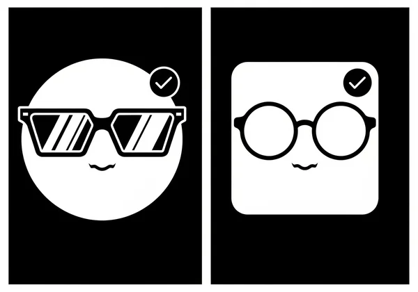Illustration of contrast: round vs. square glasses/faces.