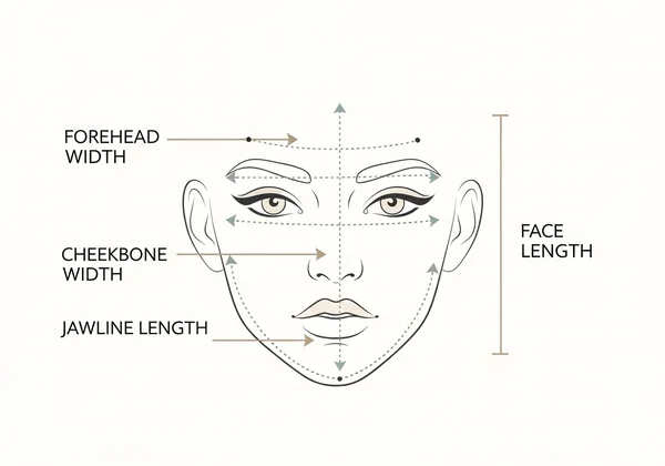 Diagram showing how to measure facial proportions for shape.