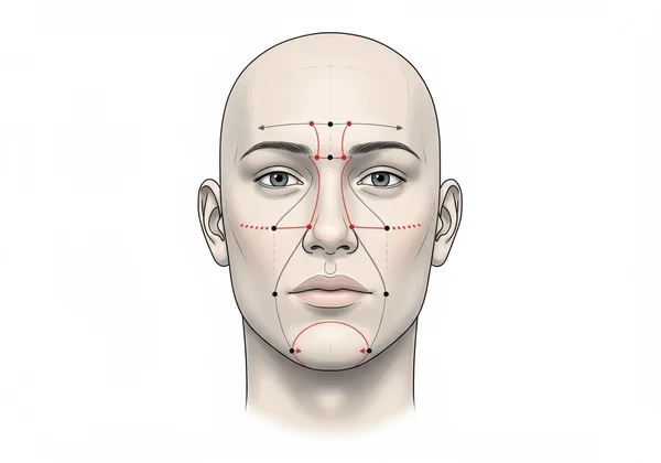 Human face with marked facial landmarks and measurements
