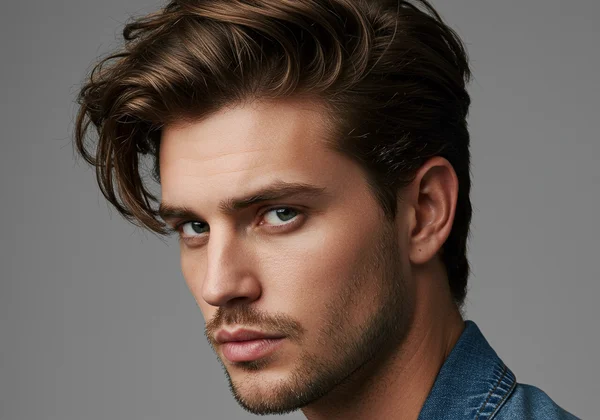 Man with flowing side part, medium hair, round face