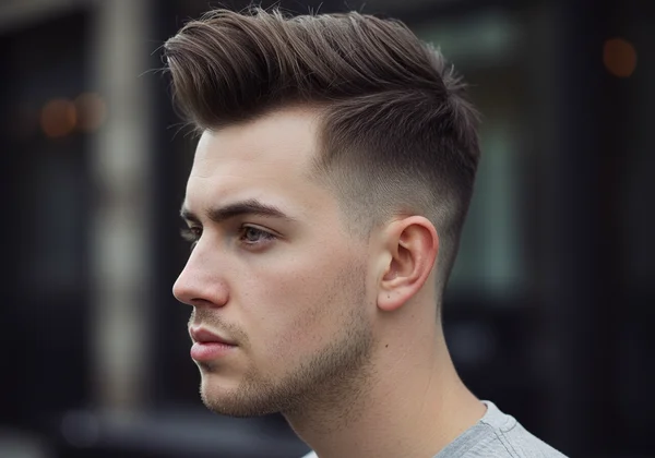 Man with high fade pompadour, round face, sharp lines