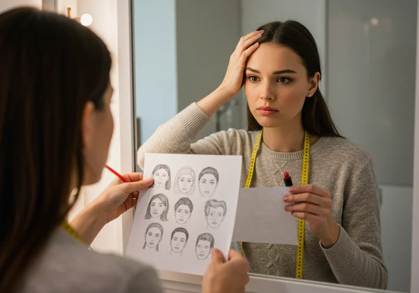 Woman frustrated trying to manually guess her face shape.
