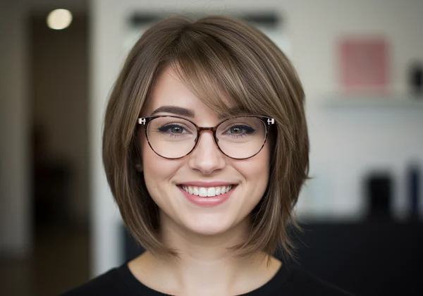 Woman with heart face shape, flattering hairstyle and glasses.